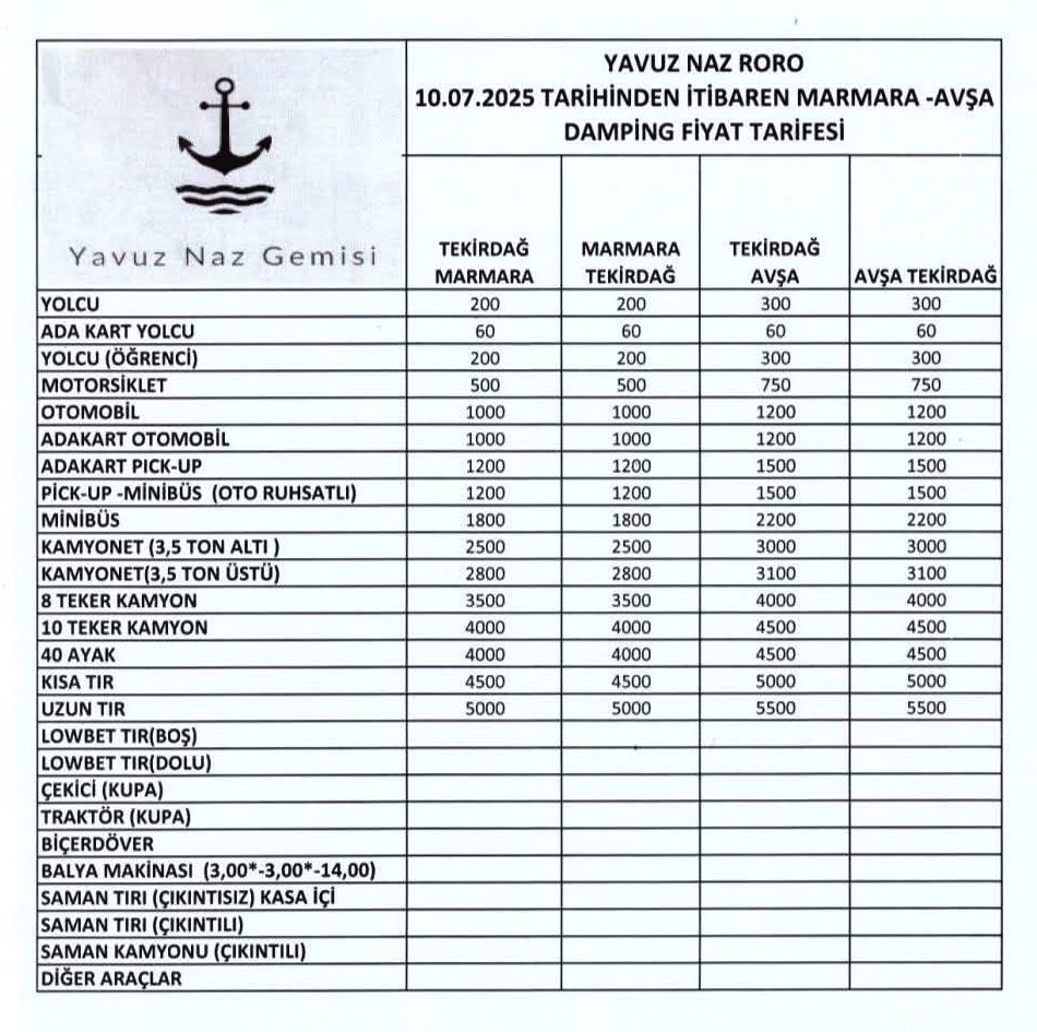yavuz naz avşa feribot fiyatları